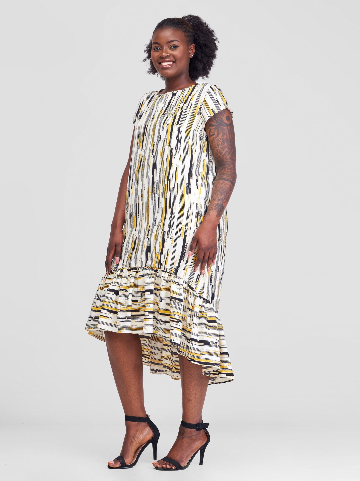 Vivo Ayana Cap Sleeve High Low Tent Dress - Mustard Print