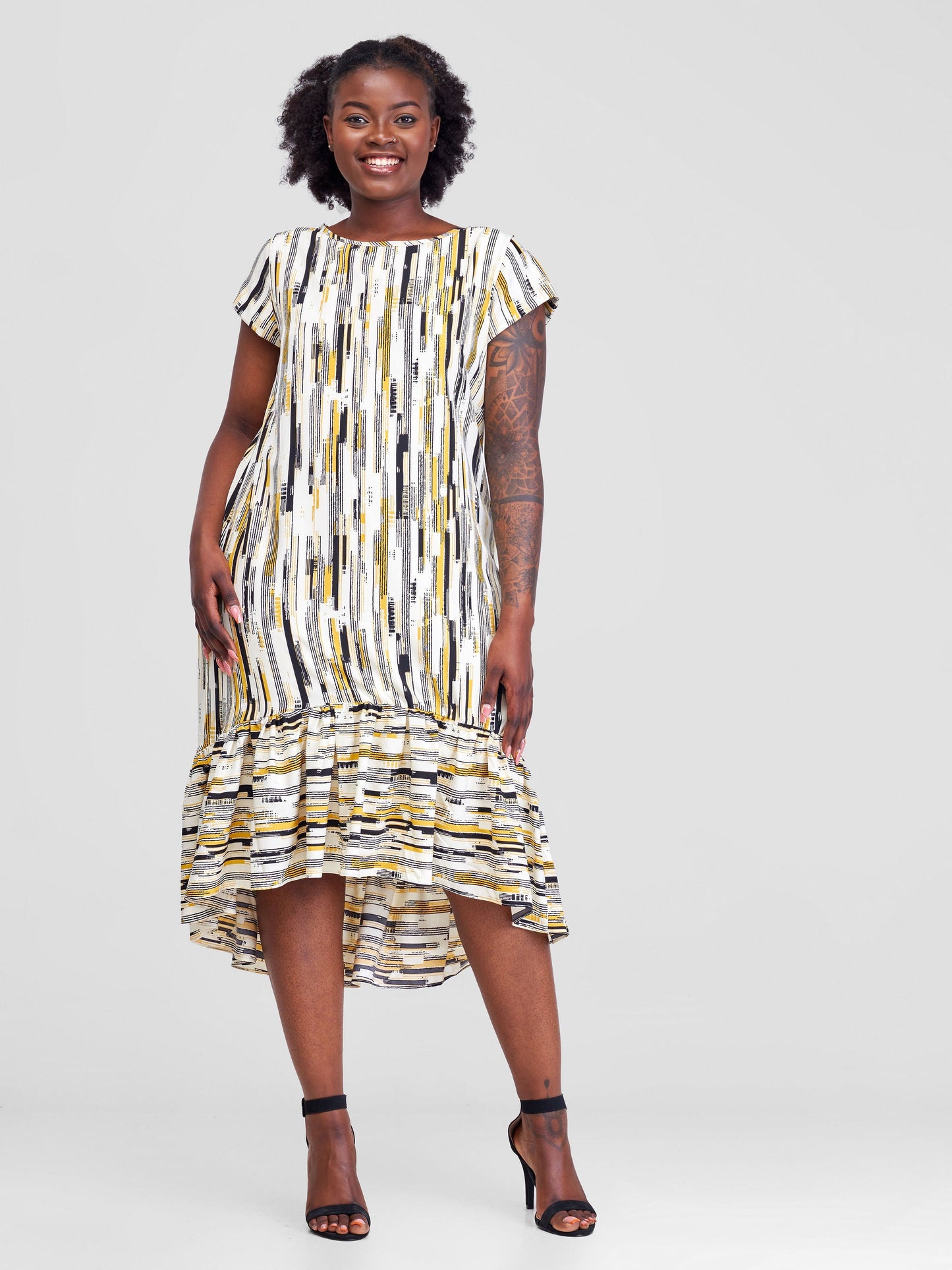 Vivo Ayana Cap Sleeve High Low Tent Dress - Mustard Print