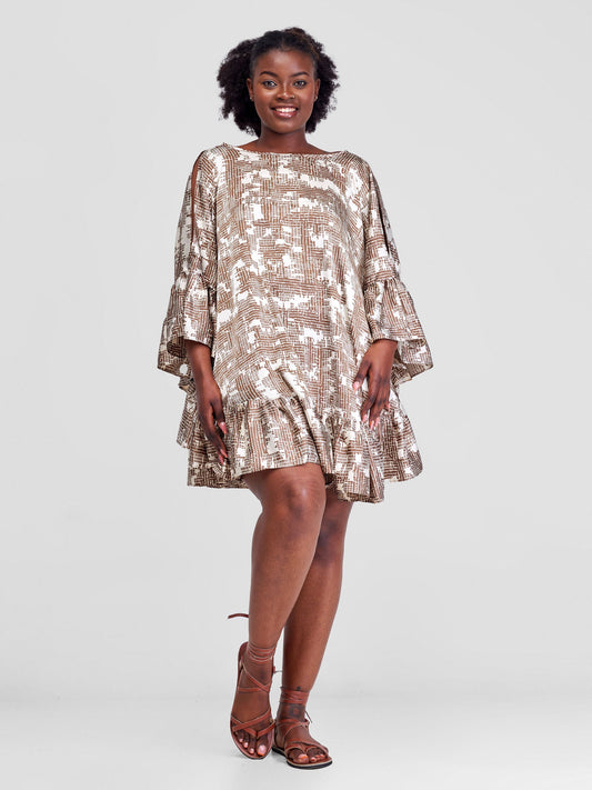 Vivo Malindi Tunic Dress With Frills - Brown / Cream Abstract Print