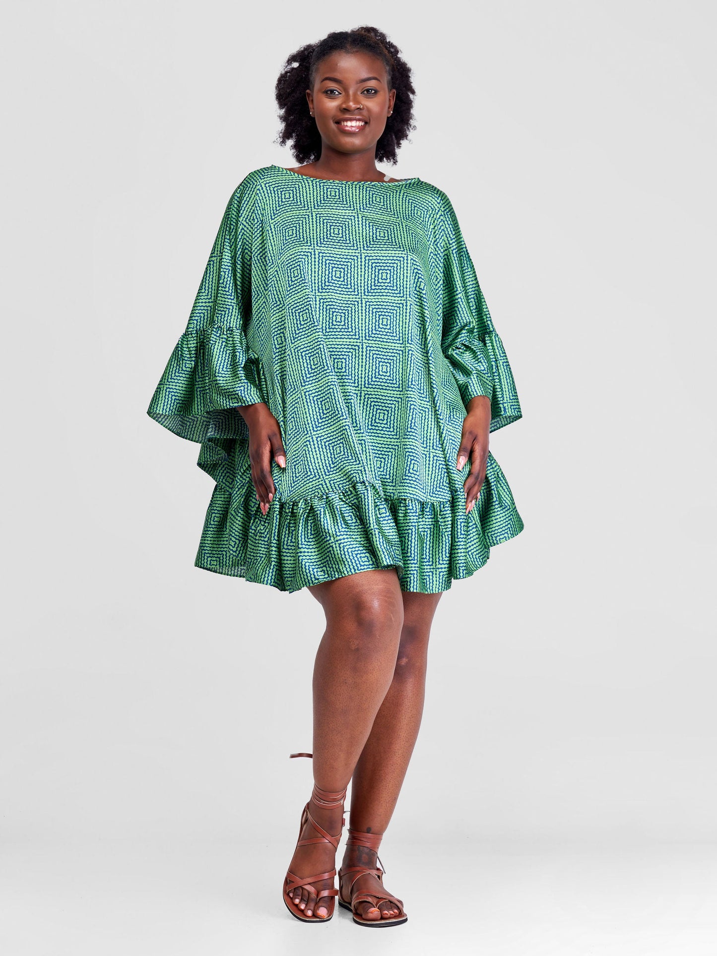 Vivo Malindi Tunic Dress With Frills - Green / Blue Abstract Print