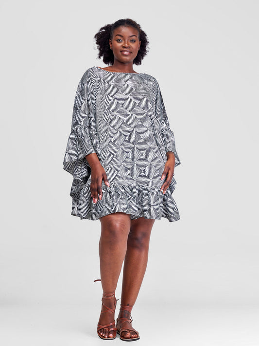 Vivo Malindi Tunic Dress With Frills - Black / White Abstract Print