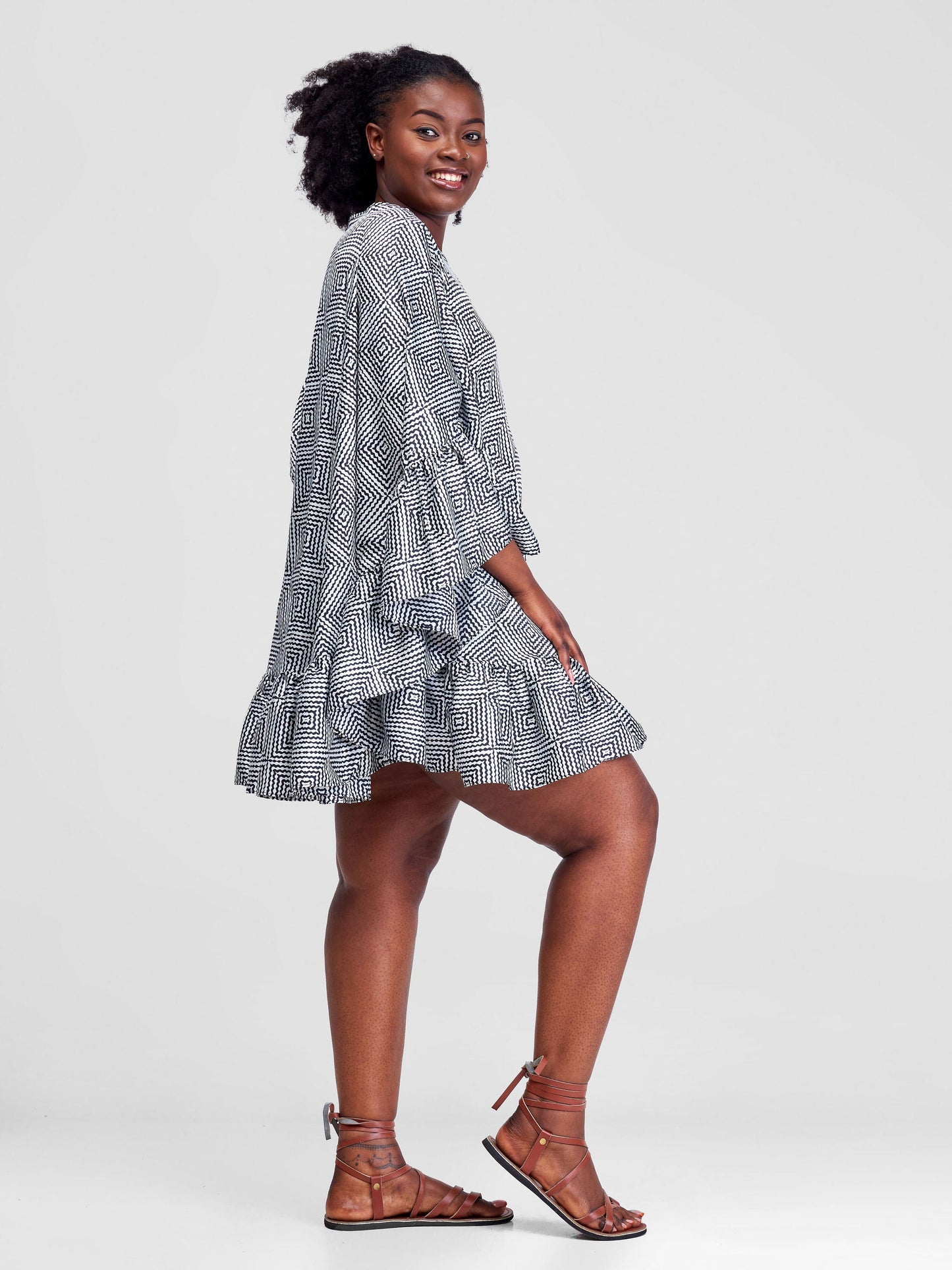 Vivo Malindi Tunic Dress With Frills - Black / White Abstract Print