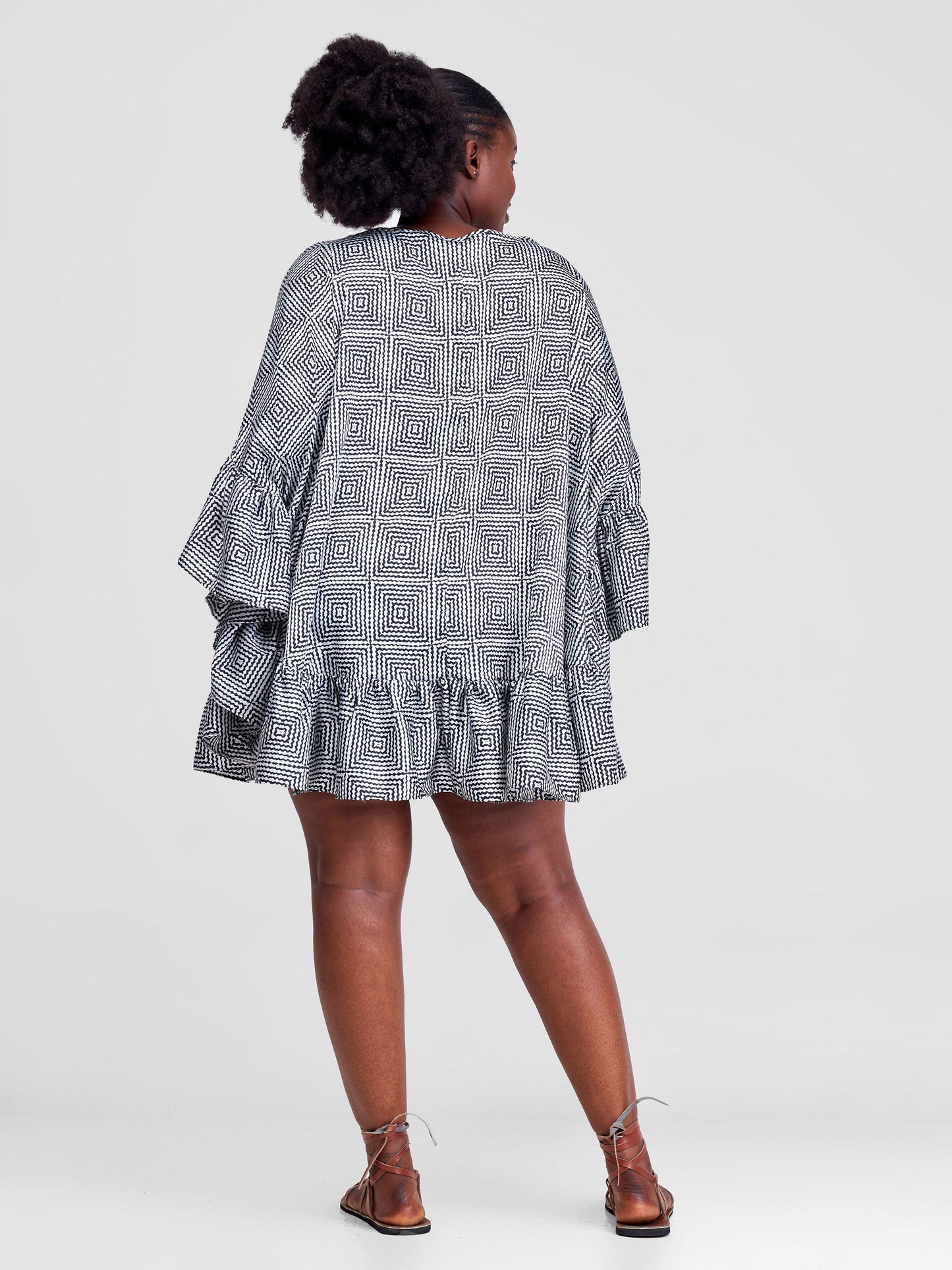 Vivo Malindi Tunic Dress With Frills - Black / White Abstract Print
