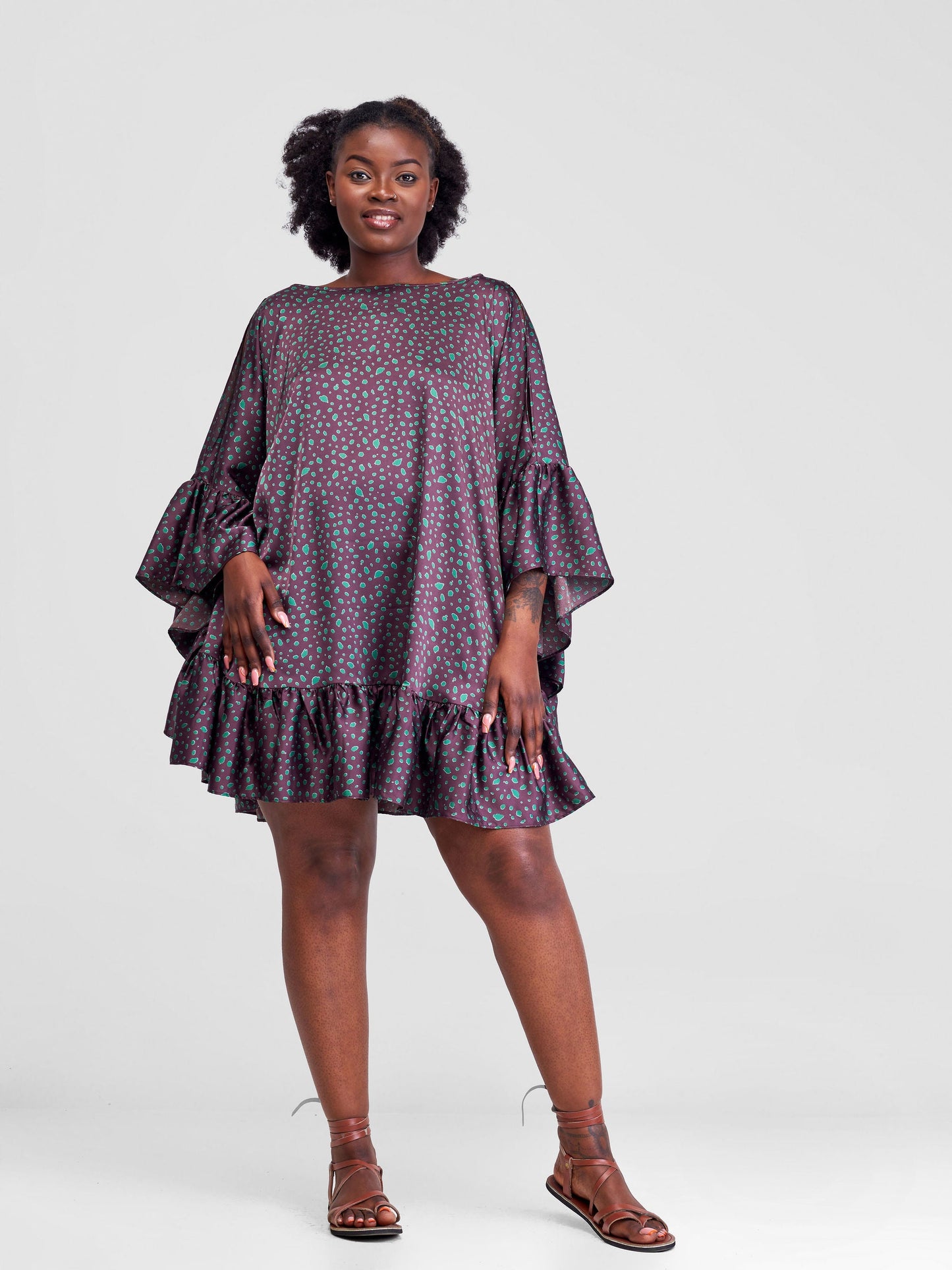 Vivo Malindi Tunic Dress With Frills - Purple / Green Print