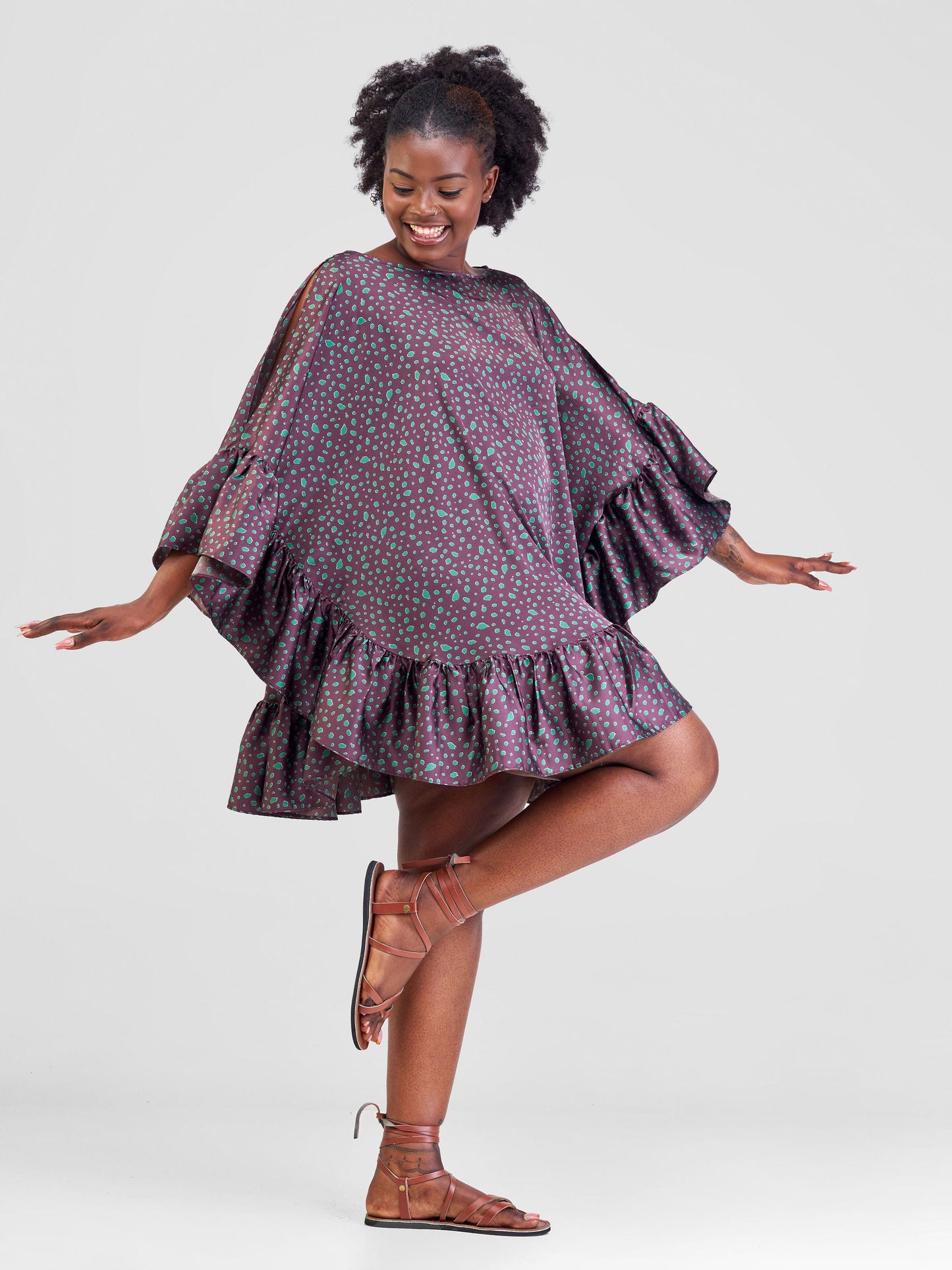 Vivo Malindi Tunic Dress With Frills - Purple / Green Print