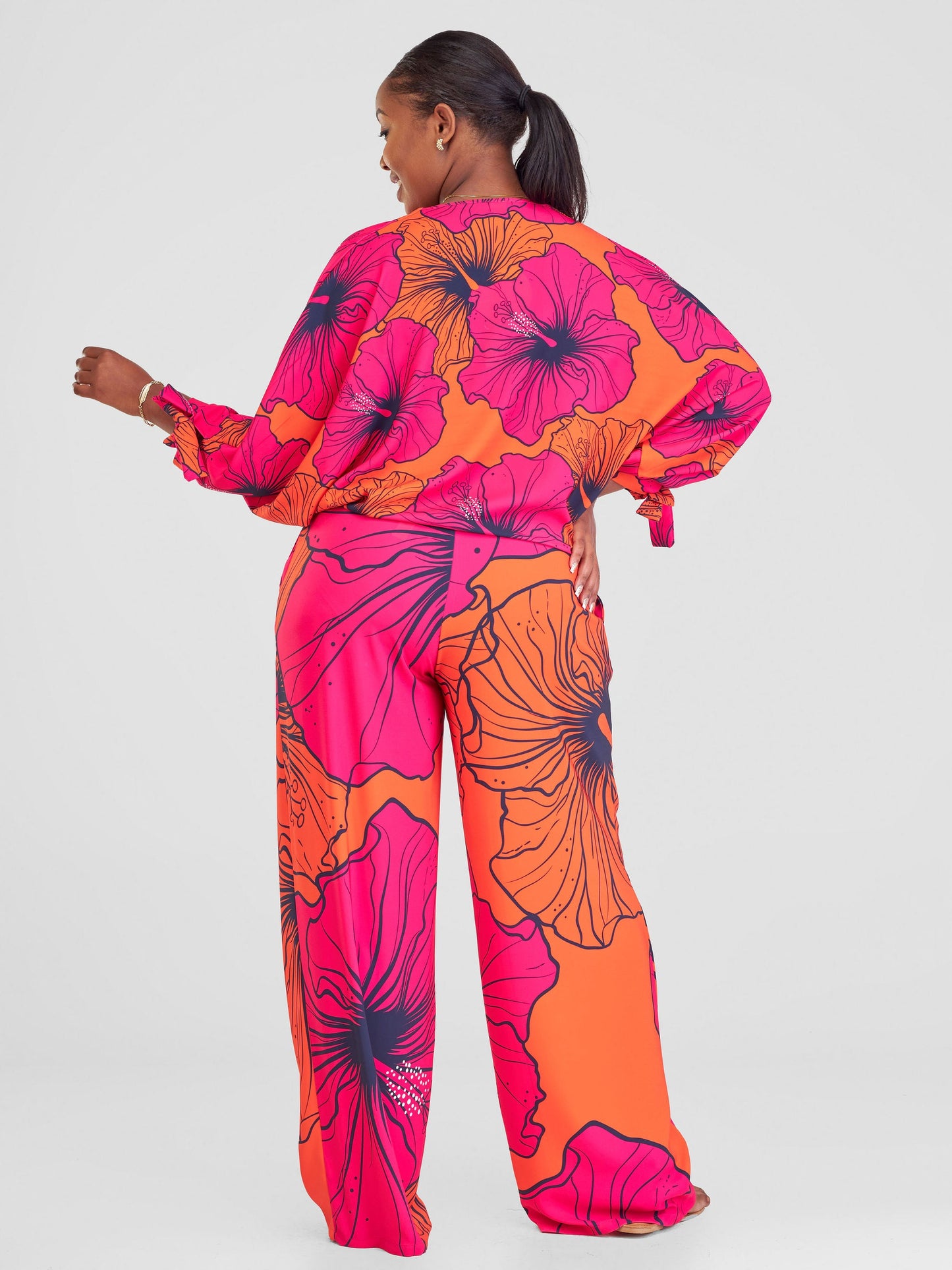 Vivo Sanali Batwing Tie Top - Orange / Pink Flohibi Print