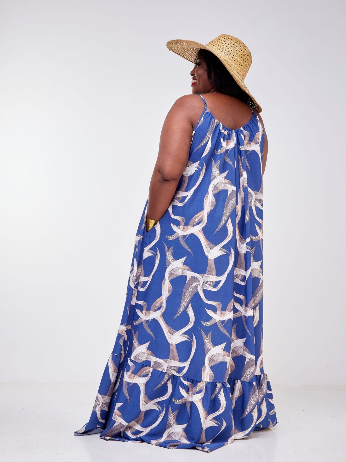 Vivo Luna Single Tiered Strappy Maxi Dress - Blue / Taupe Abstract Print - Shop Zetu Kenya