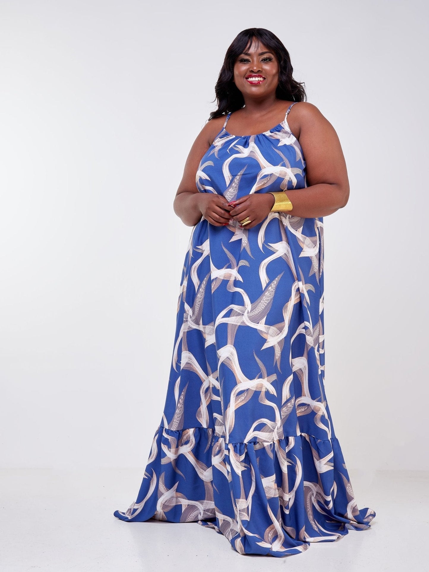 Vivo Luna Single Tiered Strappy Maxi Dress - Blue / Taupe Abstract Print - Shop Zetu Kenya