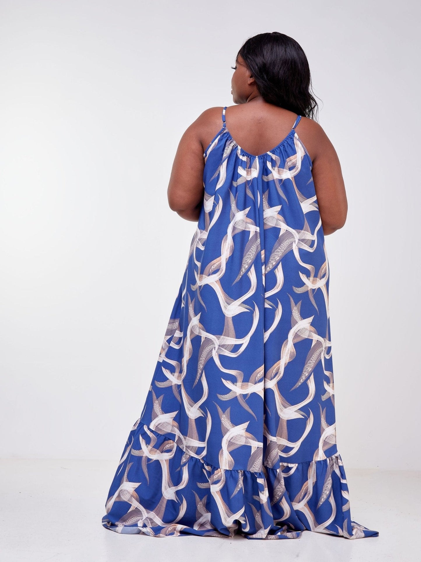 Vivo Luna Single Tiered Strappy Maxi Dress - Blue / Taupe Abstract Print - Shop Zetu Kenya