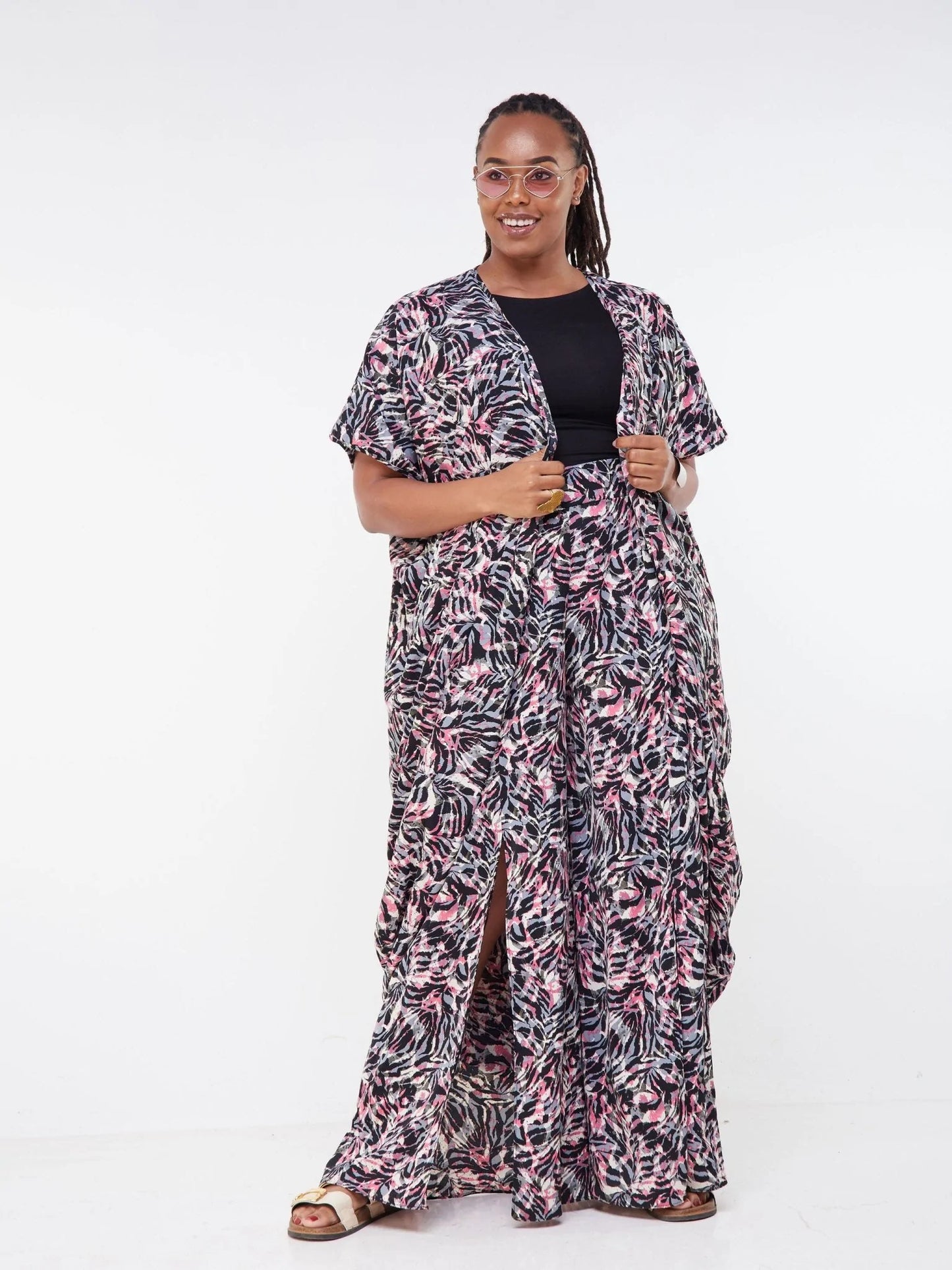 Vivo Malindi Wrap Midi Kaftan - Black / Pink Abstract Print - Shop Zetu Kenya