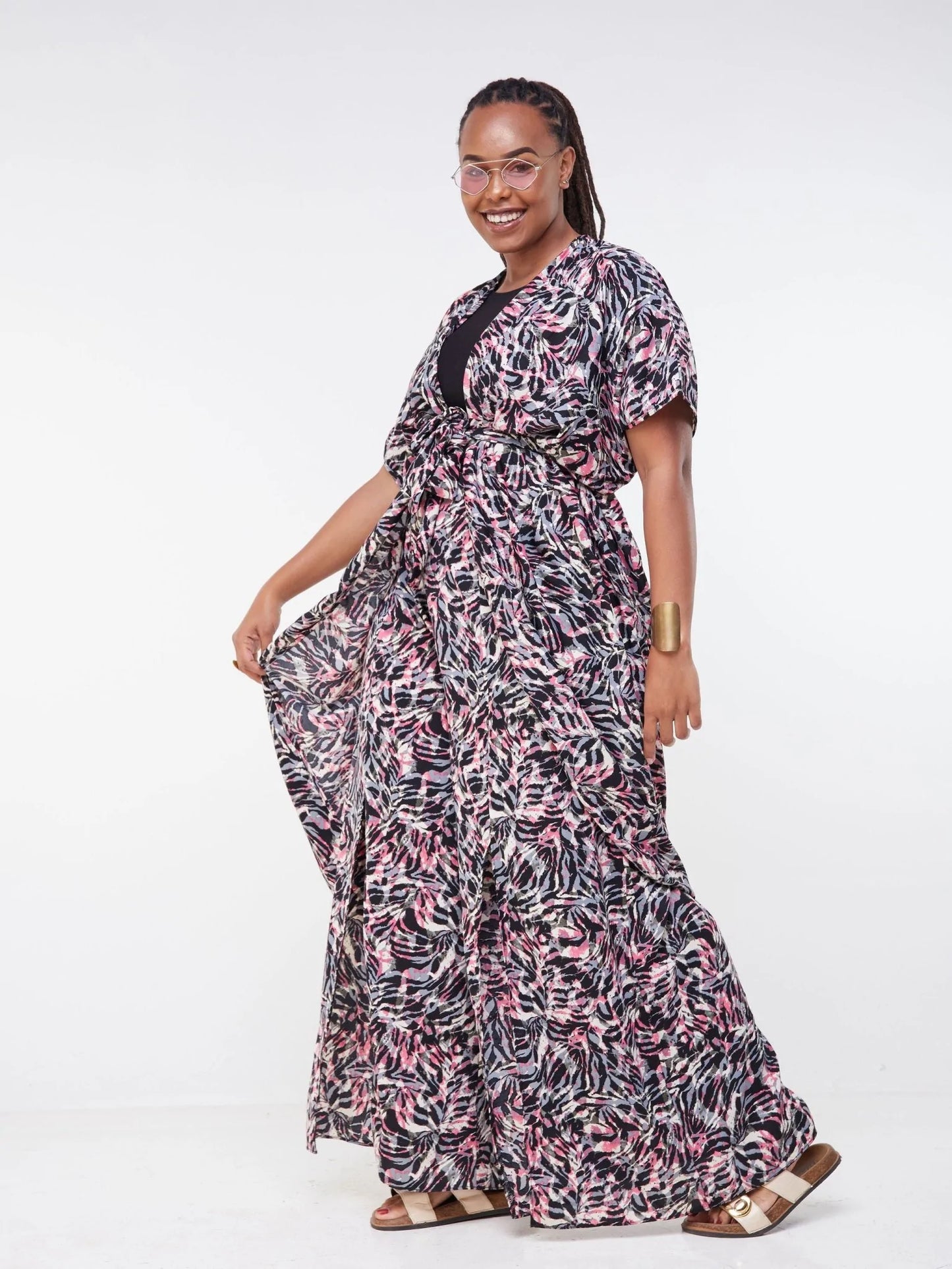 Vivo Malindi Wrap Midi Kaftan - Black / Pink Abstract Print - Shop Zetu Kenya