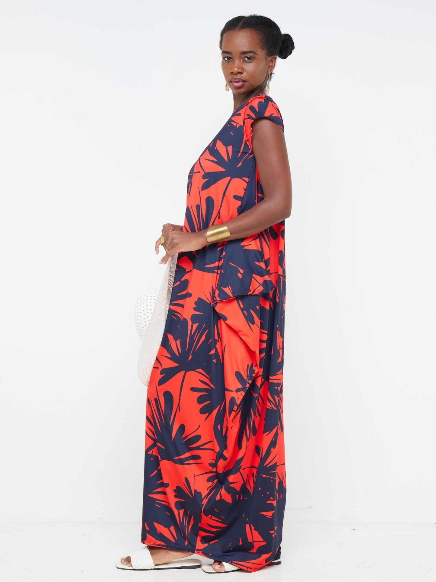 Vivo Tuni Side Cowl Maxi Dress - Navy Blue / Red Floral Print - Shop Zetu Kenya