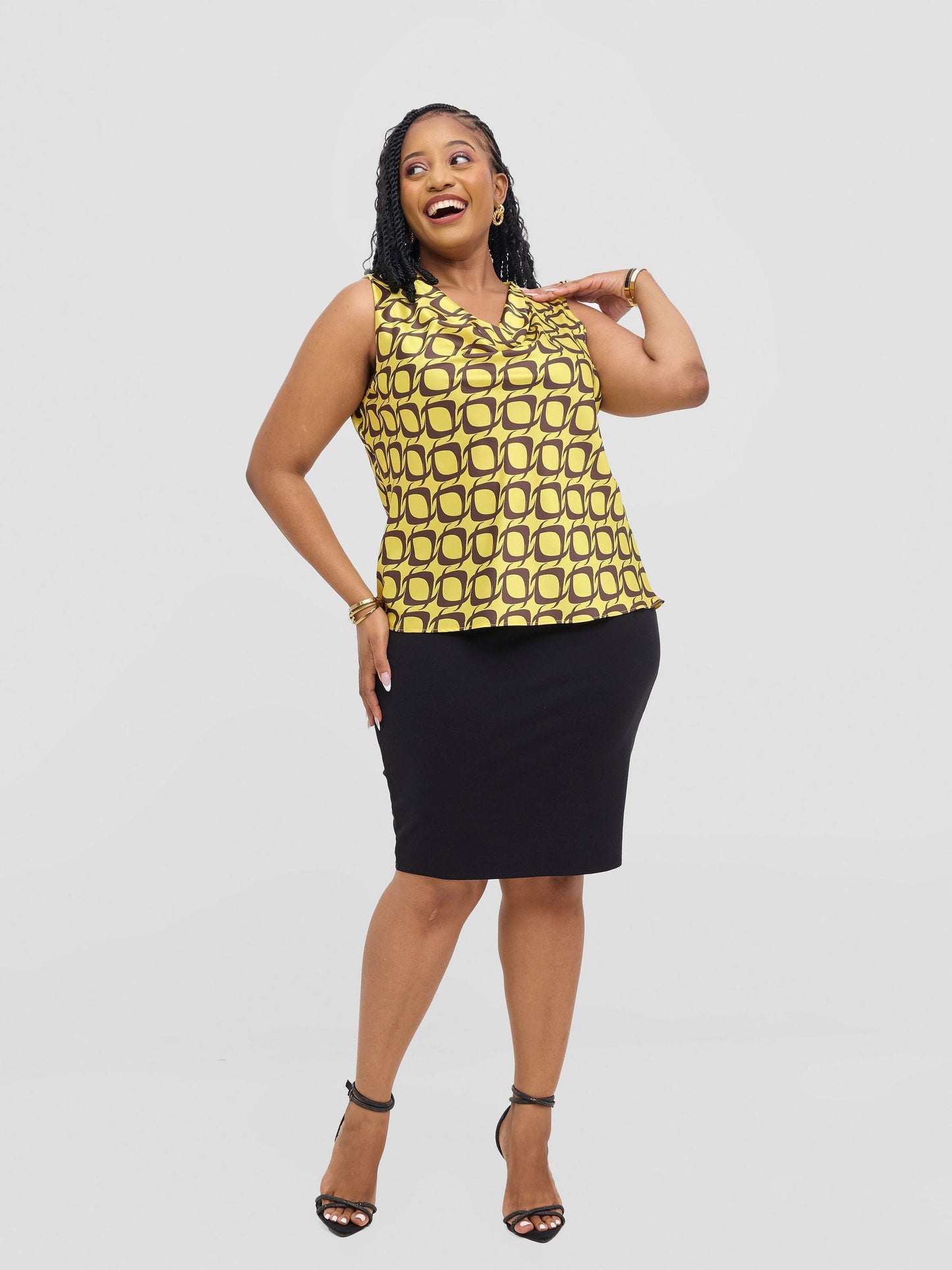 Vivo Isabi Cowl Top - Yellow / Chocolate Tiki Print
