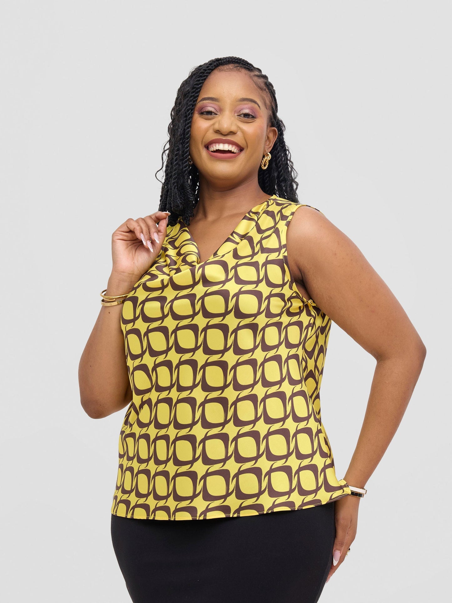 Vivo Isabi Cowl Top - Yellow / Chocolate Tiki Print