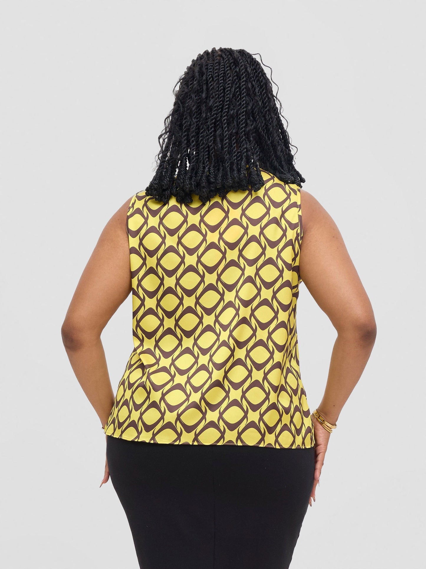 Vivo Isabi Cowl Top - Yellow / Chocolate Tiki Print