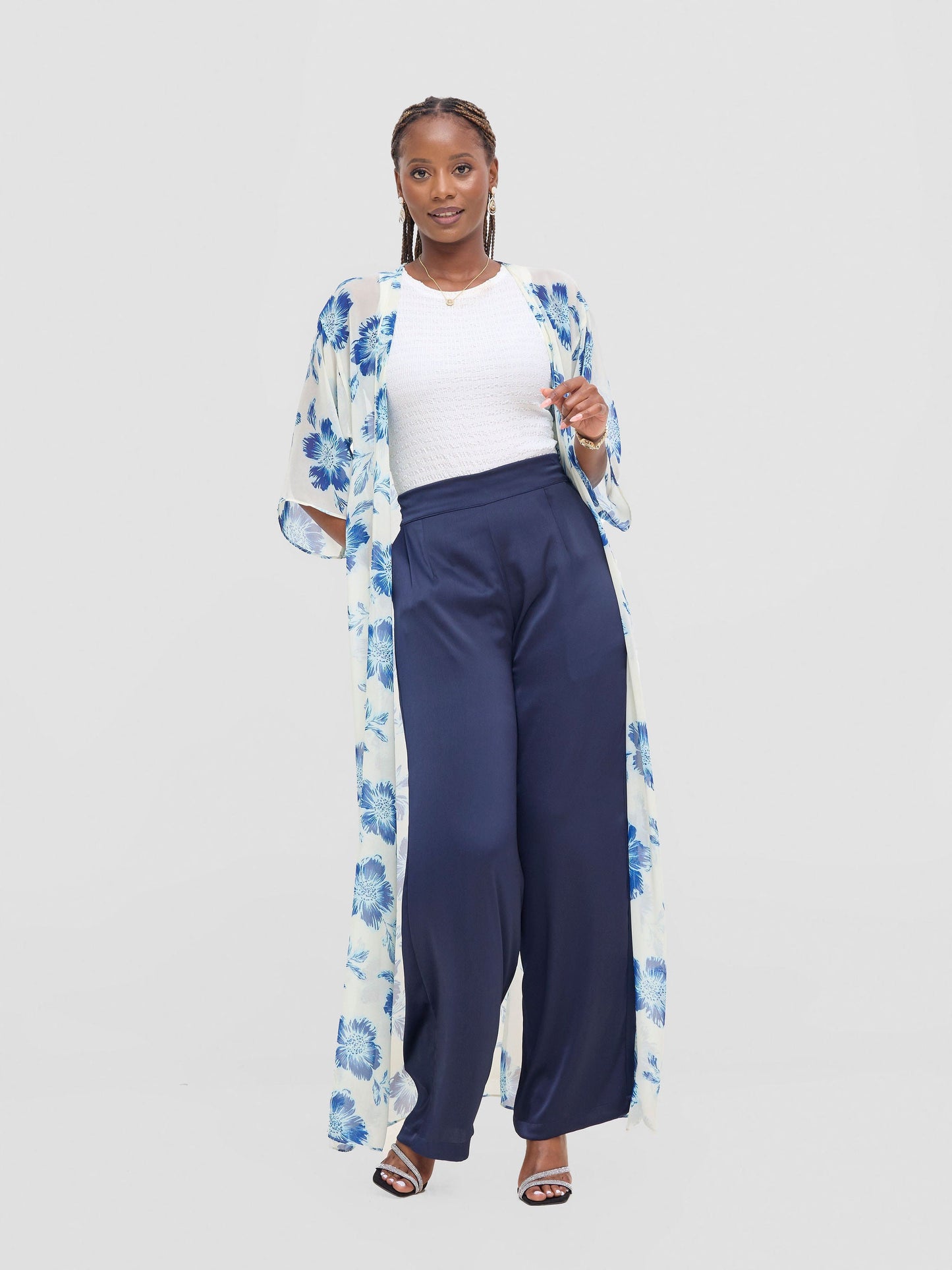 Vivo Basic Nandi High Slit Kimono -  Cream / Blue Print