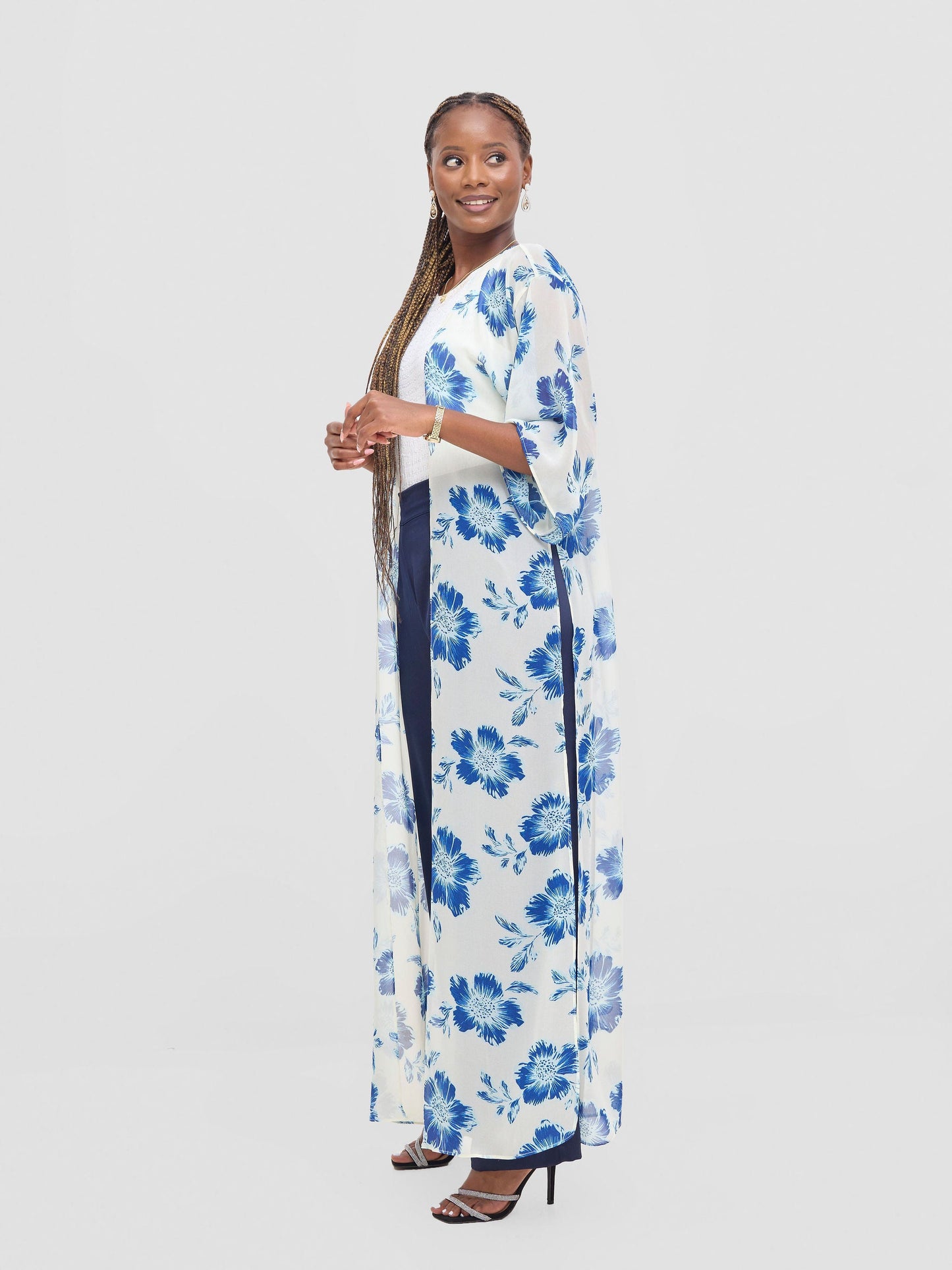 Vivo Basic Nandi High Slit Kimono -  Cream / Blue Print