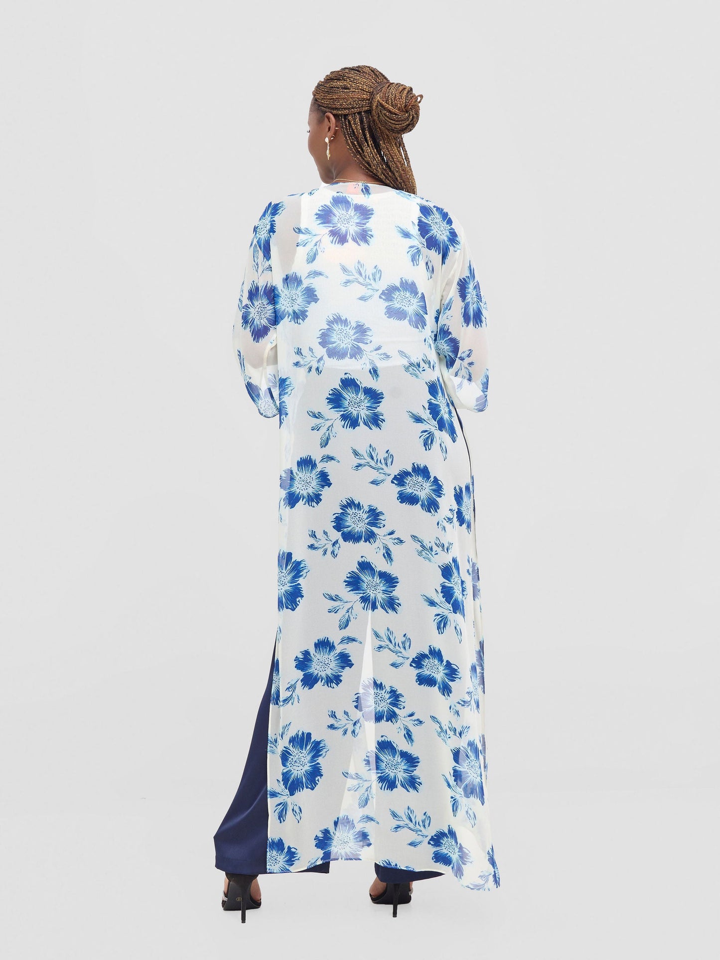 Vivo Basic Nandi High Slit Kimono -  Cream / Blue Print