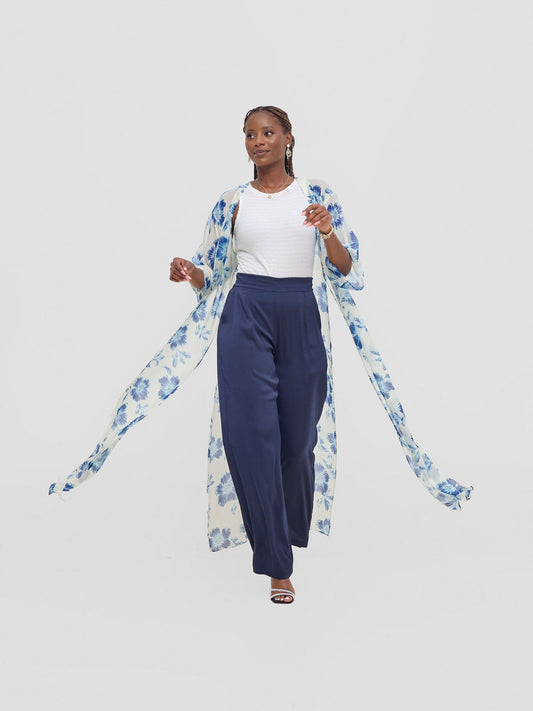 Vivo Basic Nandi High Slit Kimono -  Cream / Blue Print