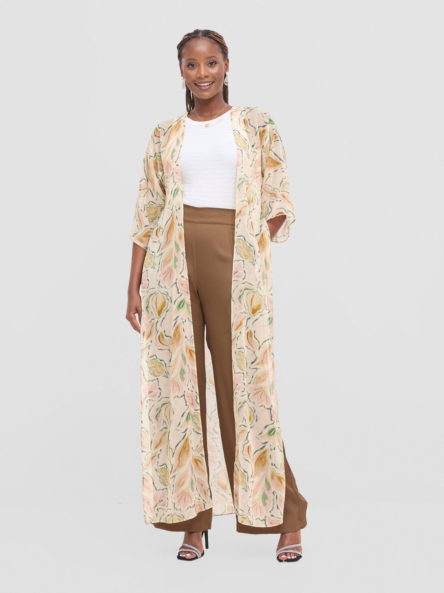 Vivo Basic Nandi High Slit Kimono -  Cream / Pink Print
