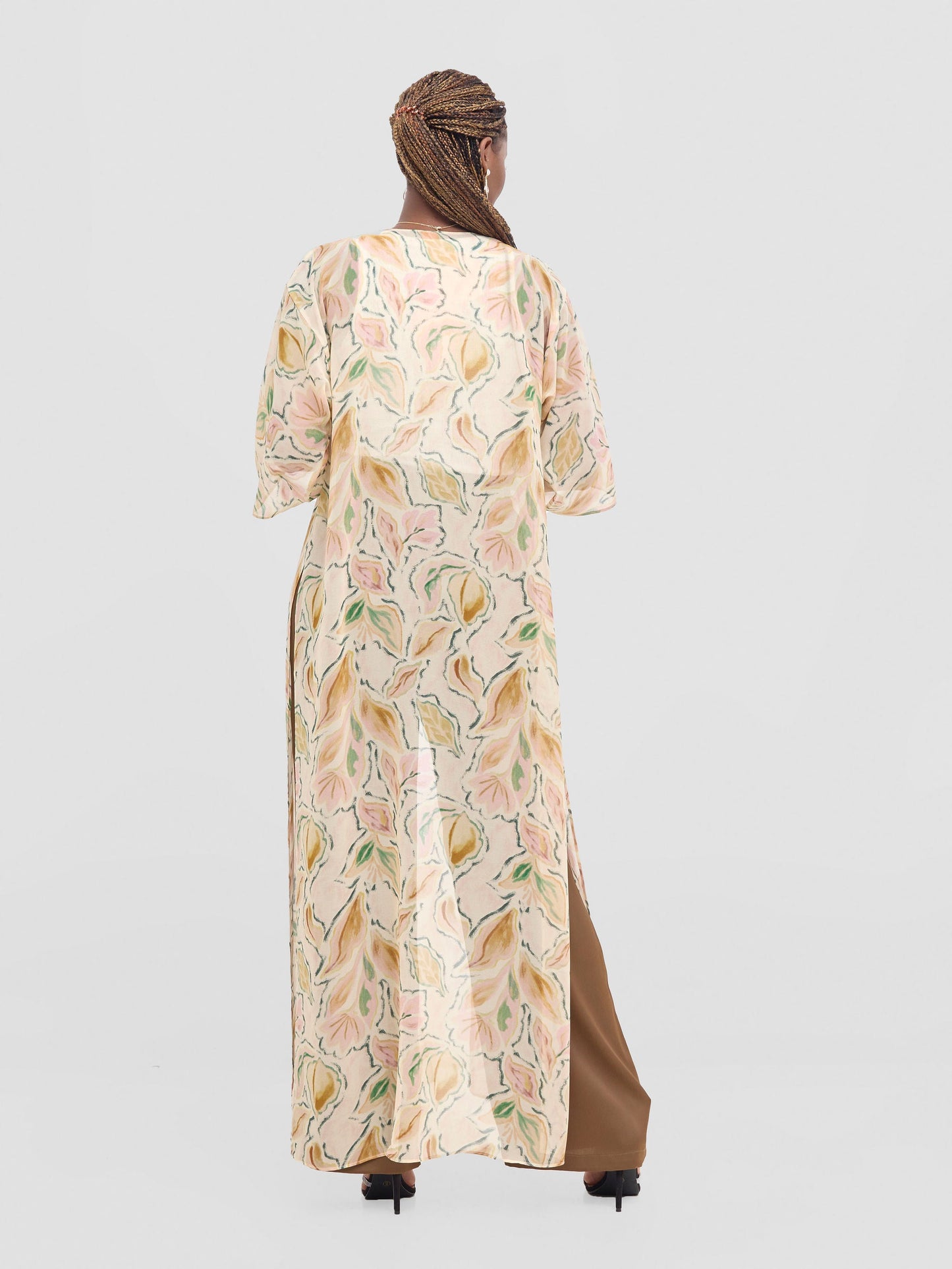Vivo Basic Nandi High Slit Kimono -  Cream / Pink Print