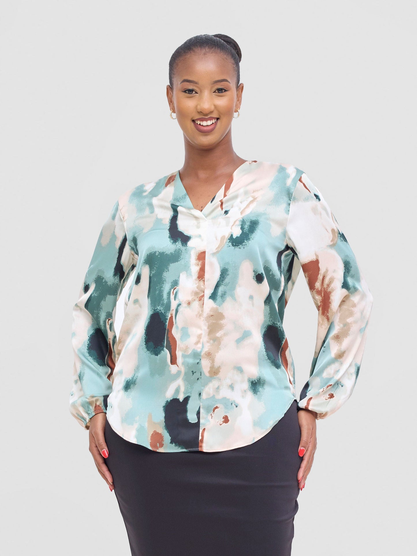 Vivo Dua Satin Bishop Sleeve Top - Cream / Light Green Print
