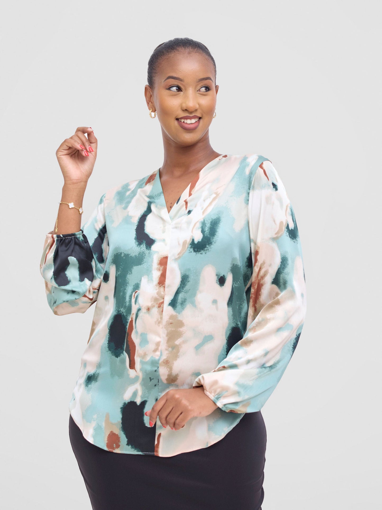 Vivo Dua Satin Bishop Sleeve Top - Cream / Light Green Print