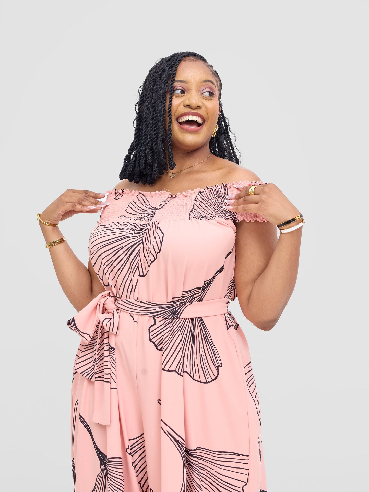 Vivo Alek Shirred Off- Shoulder Jumpsuit - Light Peach / Black Haro Print