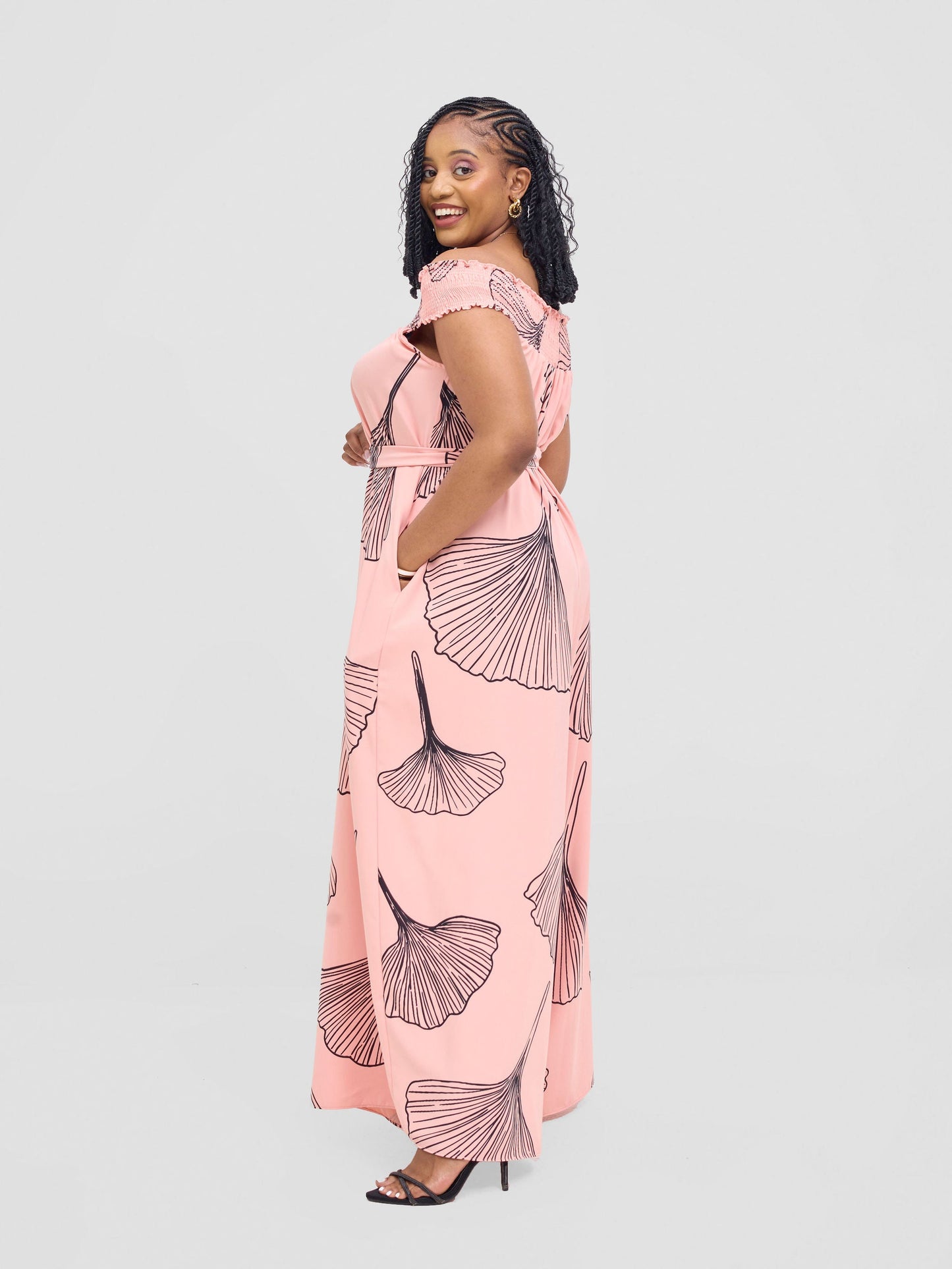 Vivo Alek Shirred Off- Shoulder Jumpsuit - Light Peach / Black Haro Print