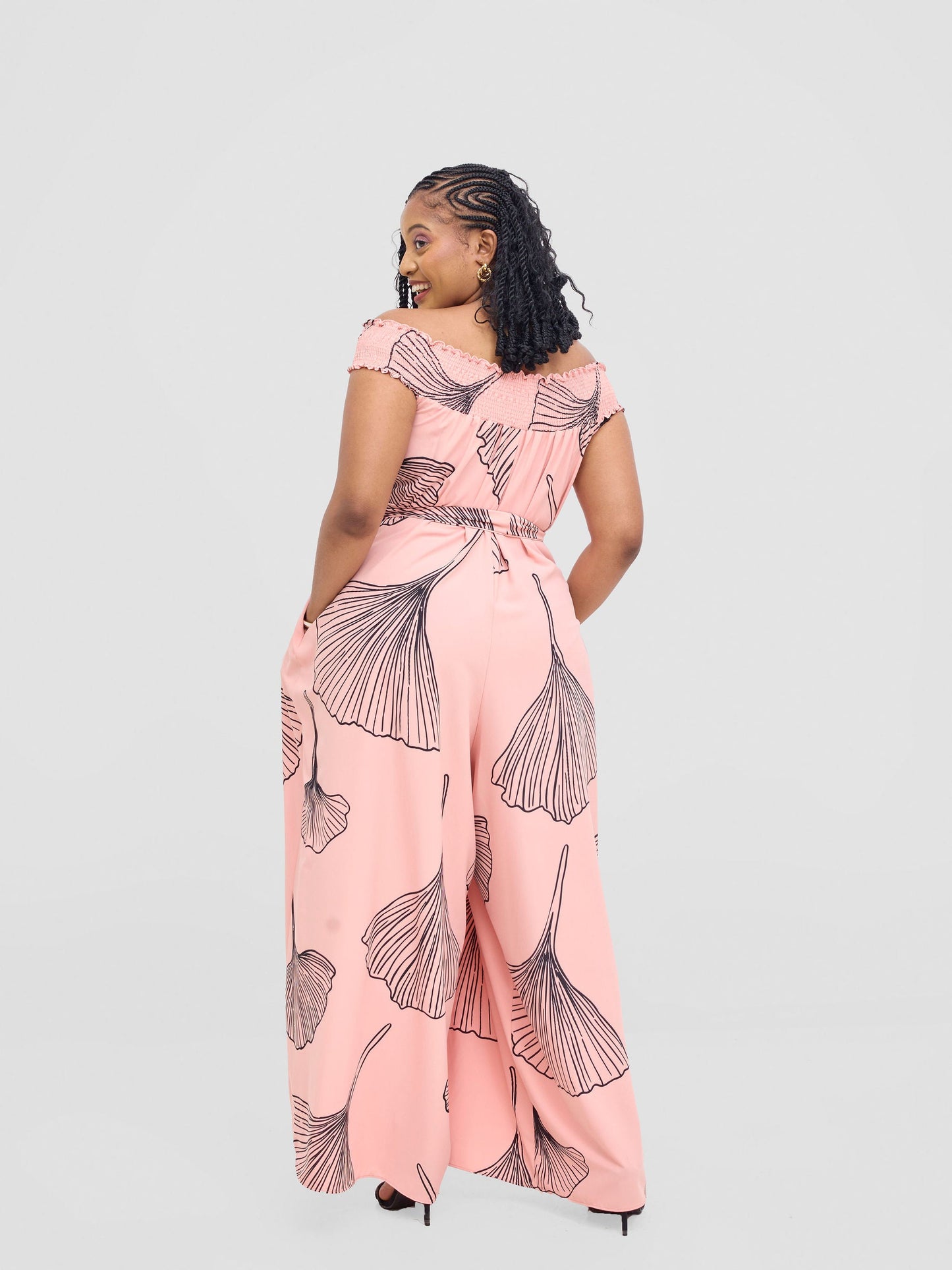 Vivo Alek Shirred Off- Shoulder Jumpsuit - Light Peach / Black Haro Print
