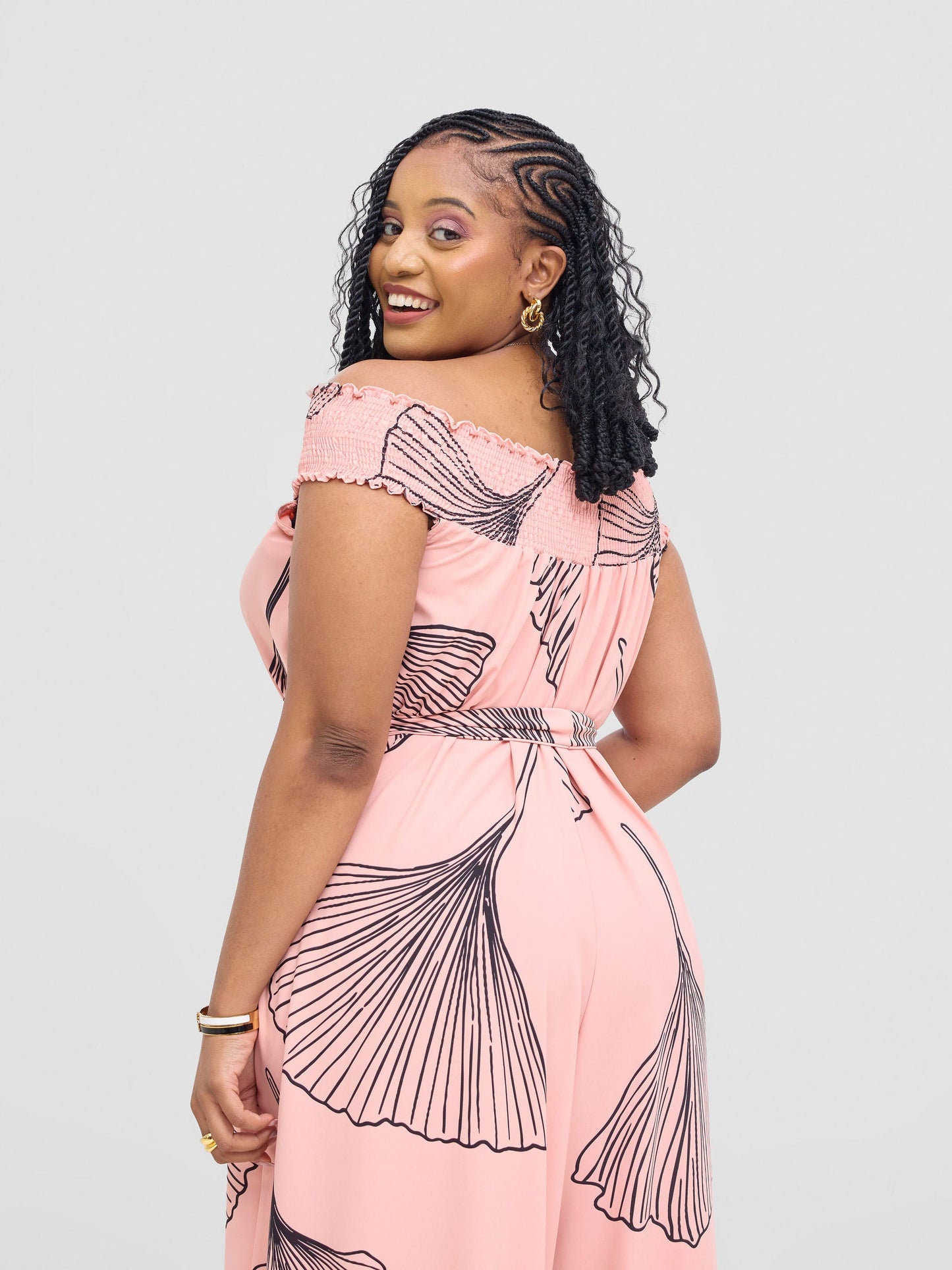 Vivo Alek Shirred Off- Shoulder Jumpsuit - Light Peach / Black Haro Print