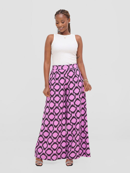 Vivo Basic Crepe Pants - Purple / Black Tiki Print