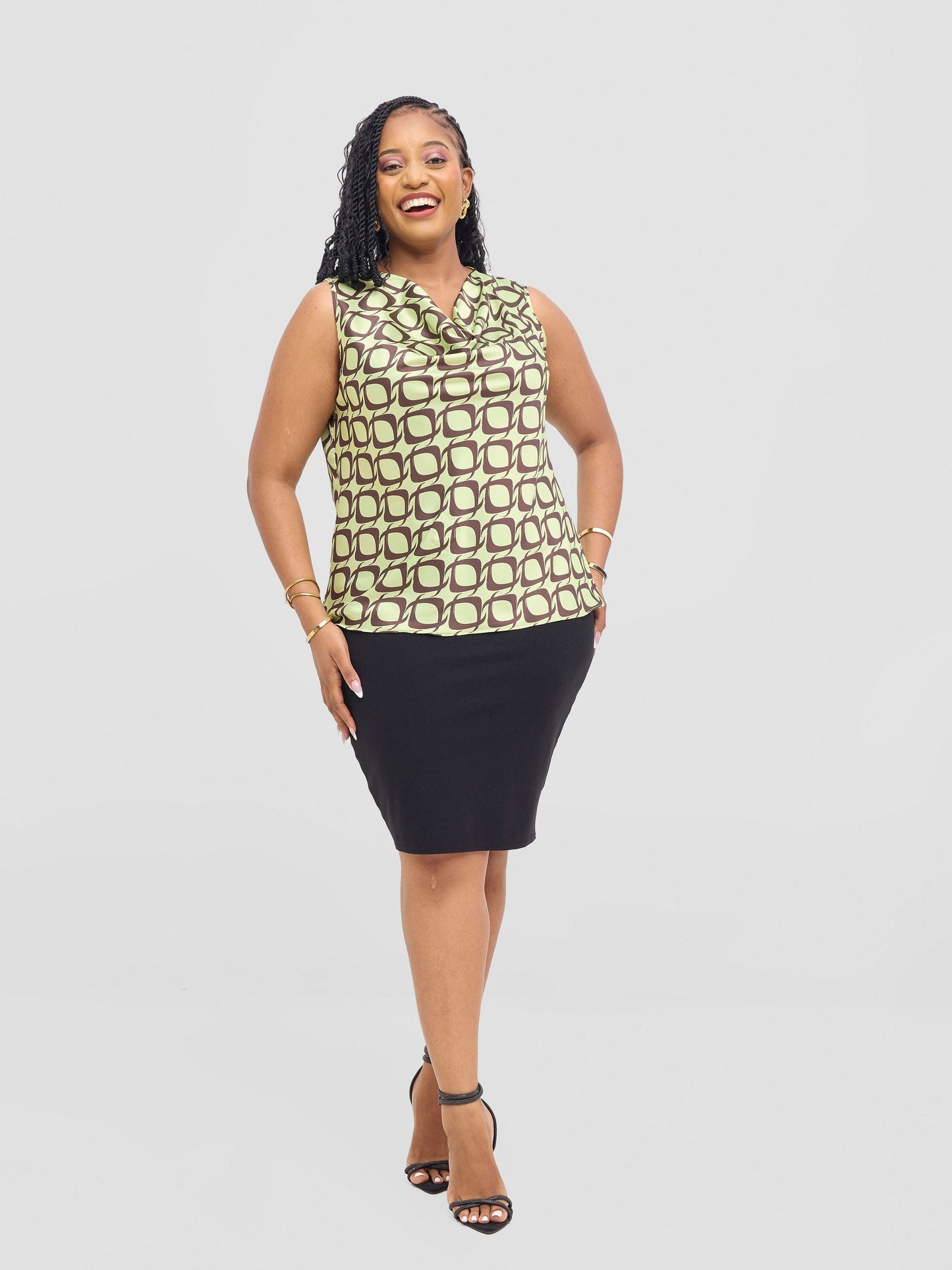 Vivo Isabi Cowl Top - Lime / Chocolate Tiki Print