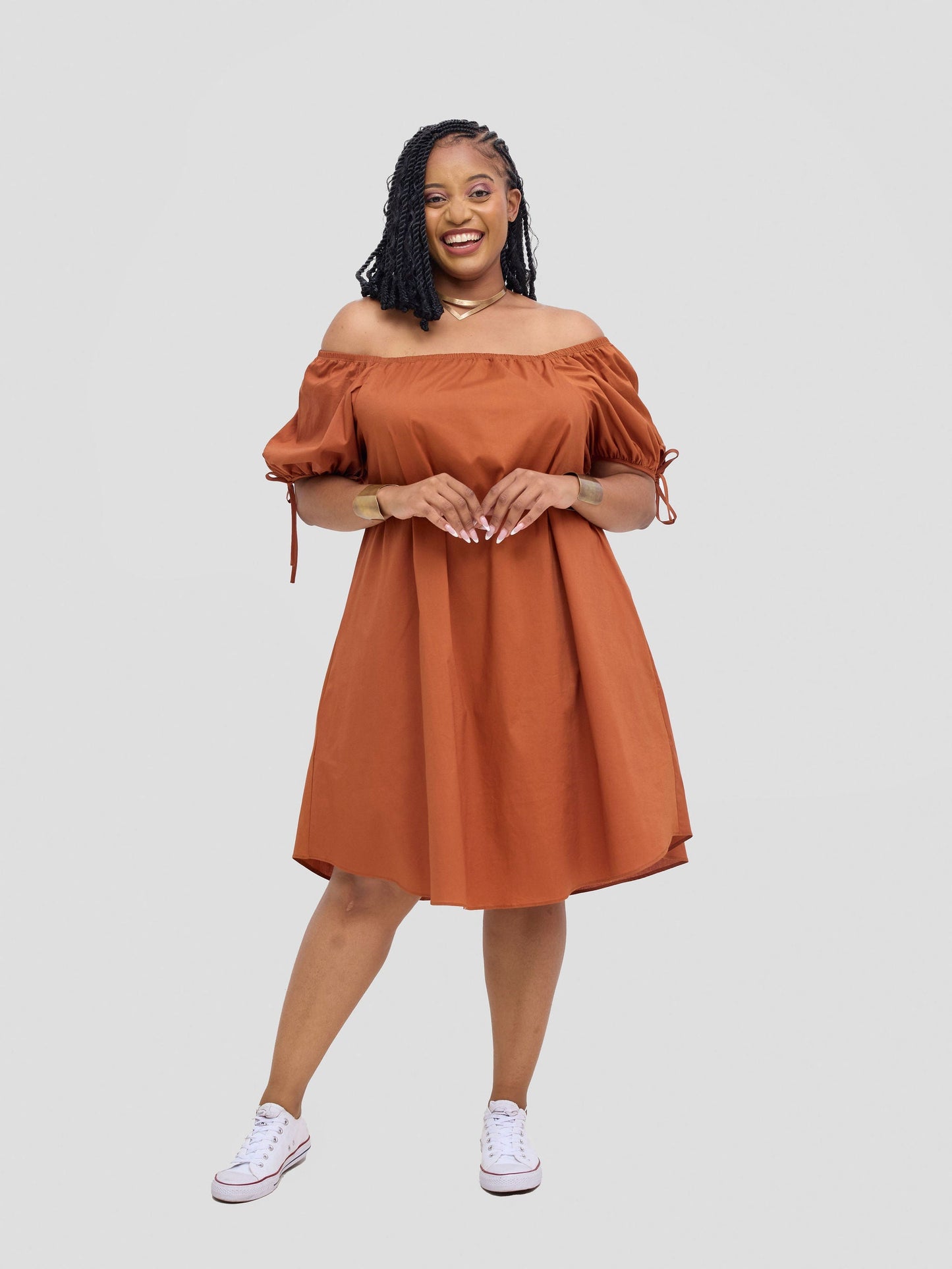 Safari Tawi Off-Shoulder Dress - Rust