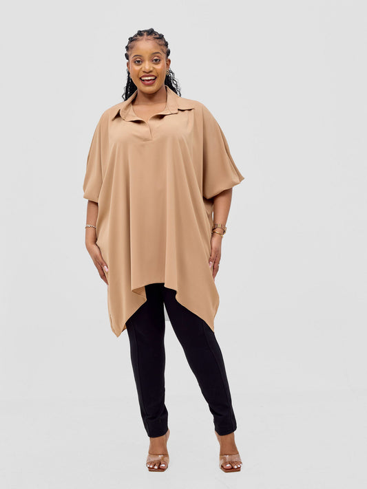 Vivo Ava Shirt Collar Tunic Top - Light Tan