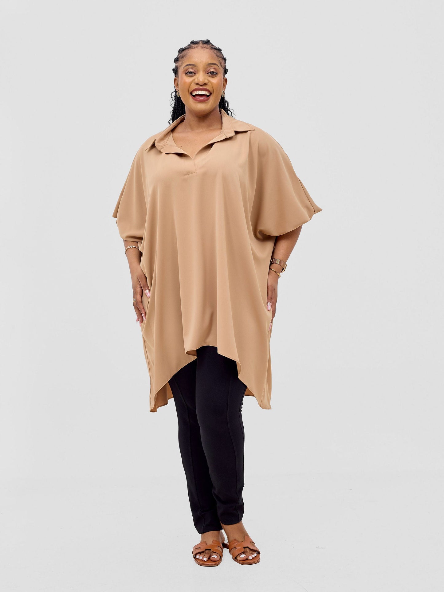 Vivo Ava Shirt Collar Tunic Top - Light Tan