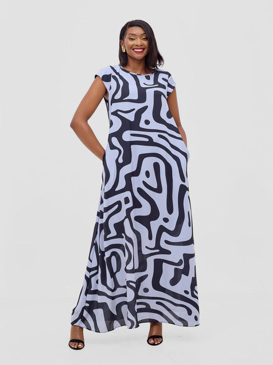 Vivo Basic Cap Sleeve Maxi Tent Dress - Grey / Black Tamra Print
