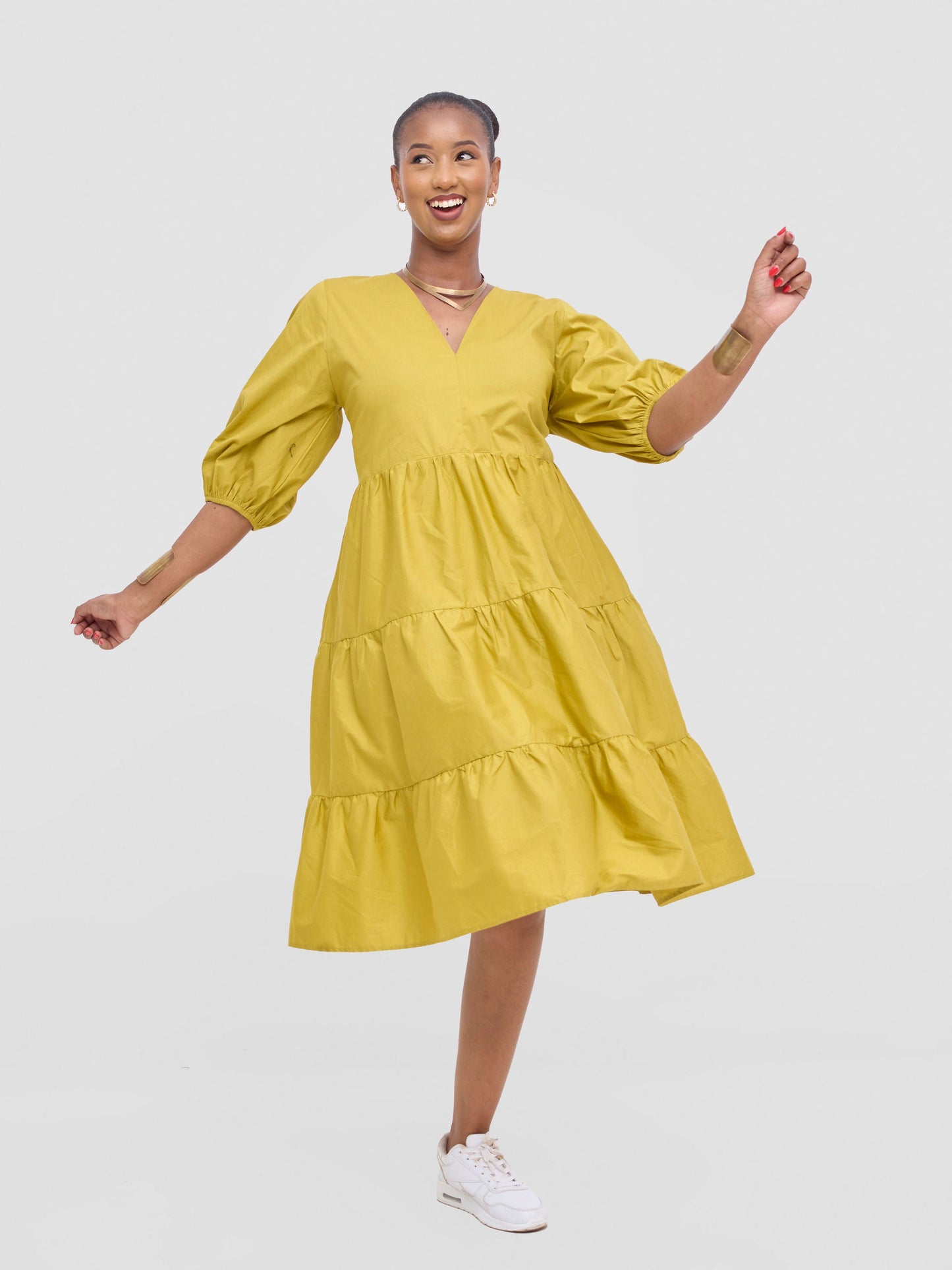 Safari Tawi Bishop Sleeve Tiered Dress - Olive