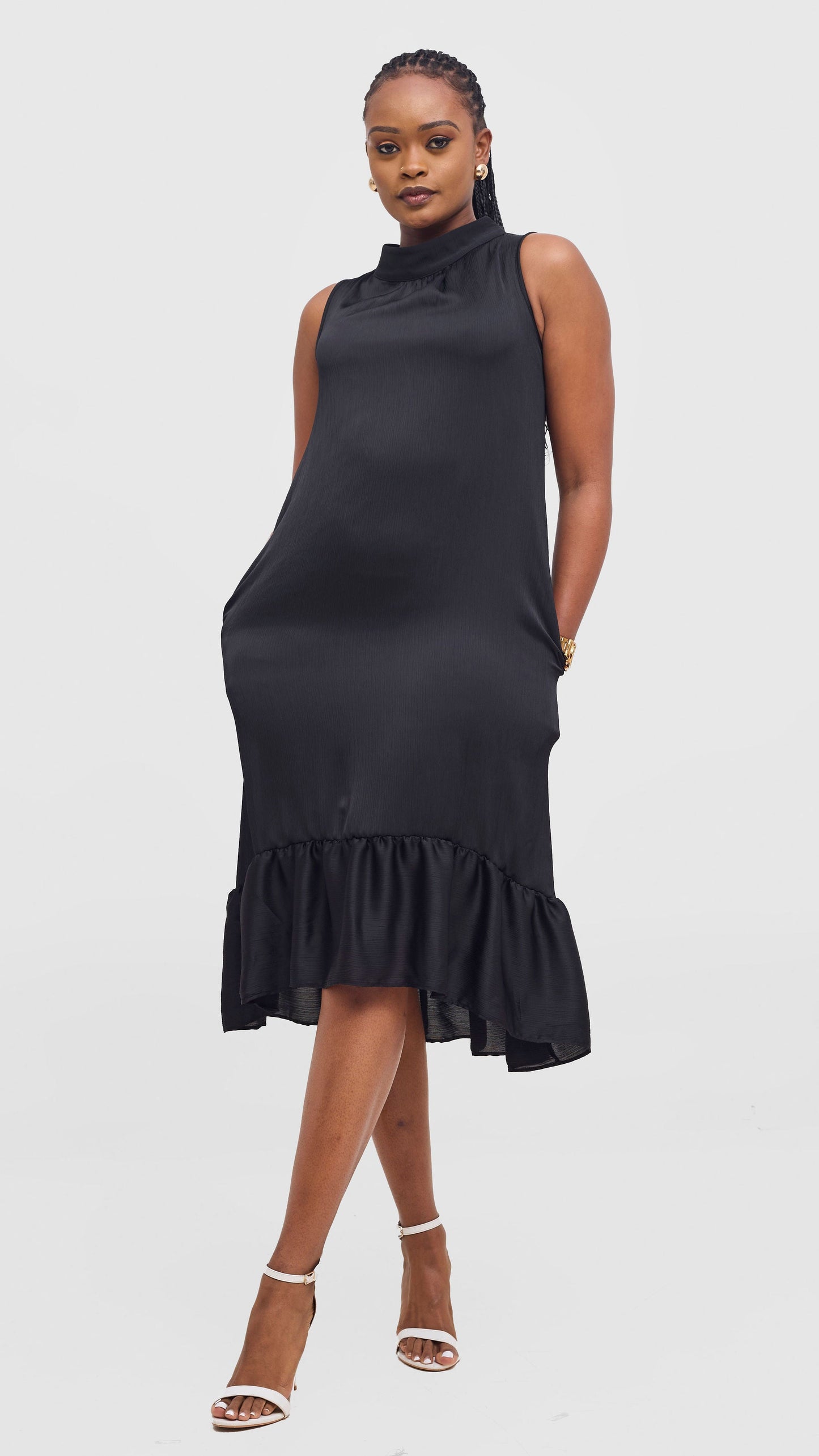 Vivo Samira Midi Dress in Textured Satin - Black