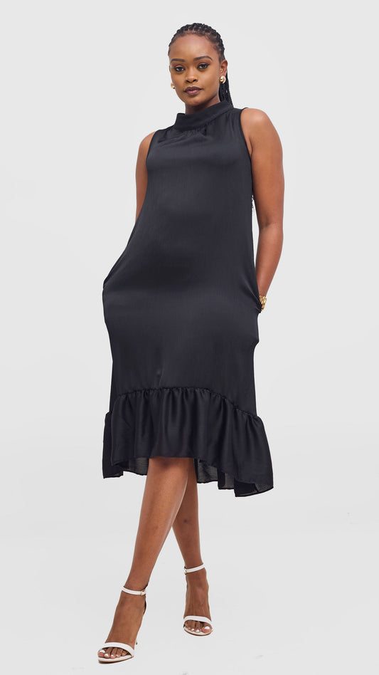 Vivo Samira Midi Dress in Textured Satin - Black