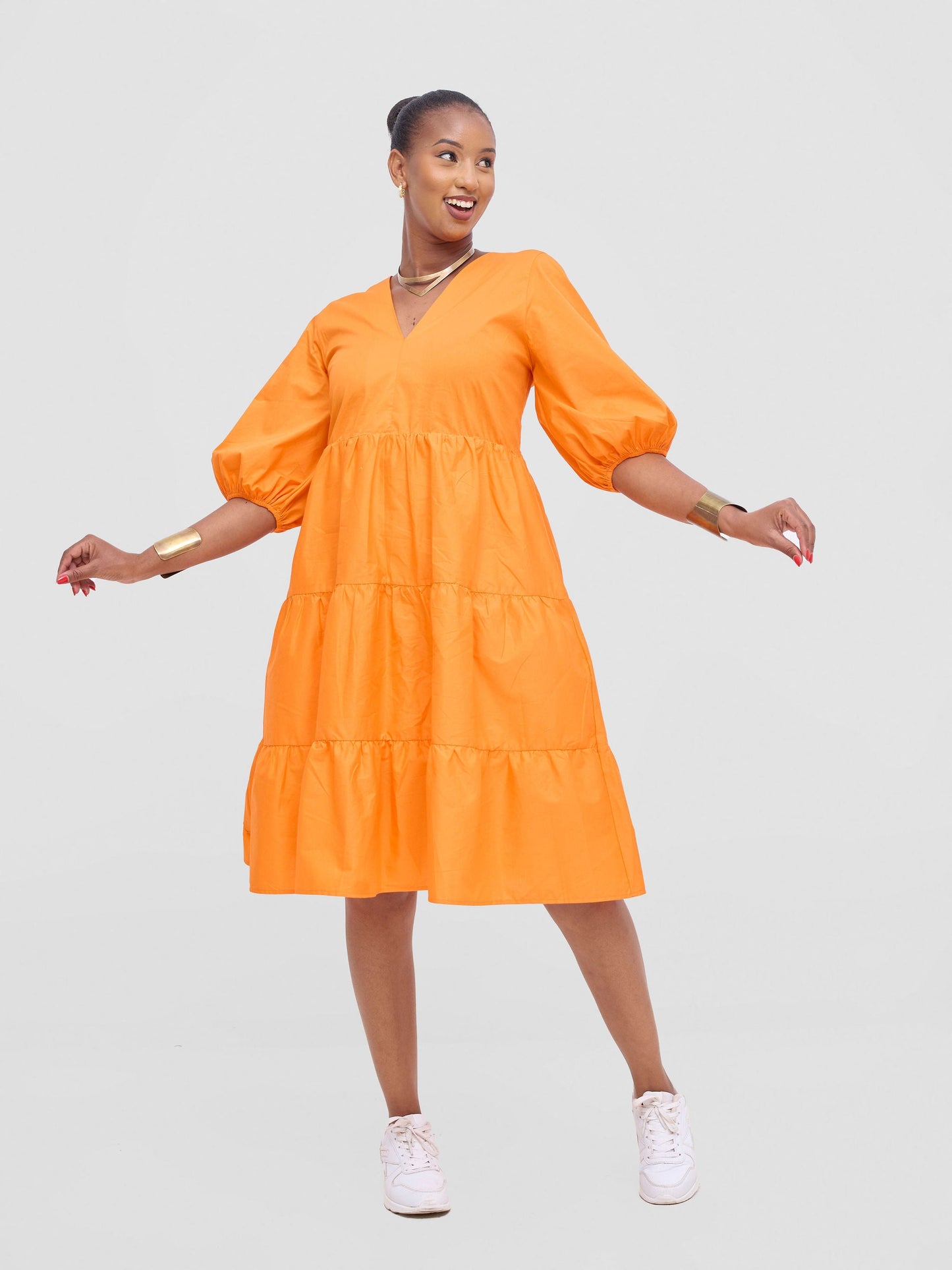 Safari Tawi Bishop Sleeve Tiered Dress - Orange