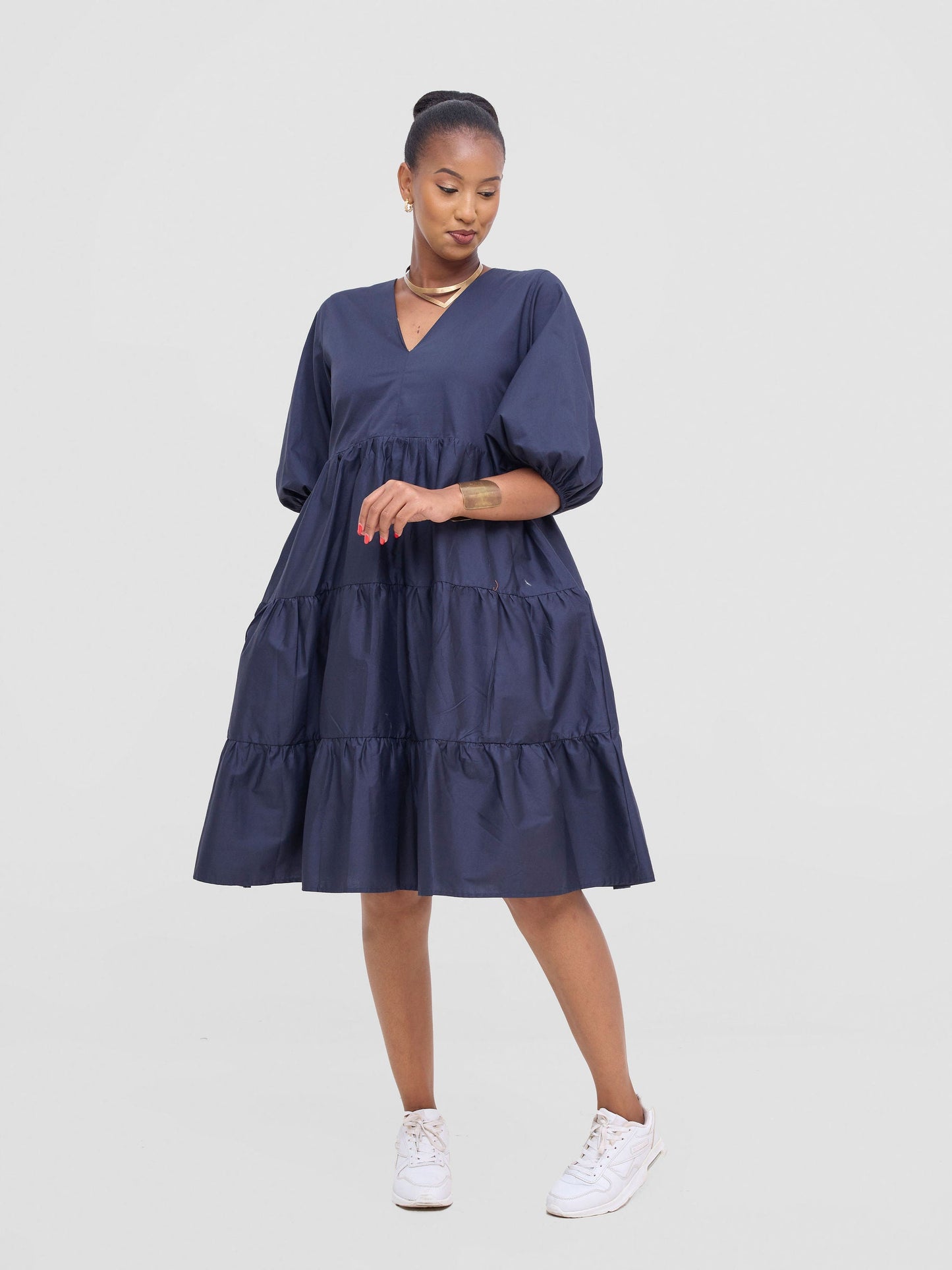 Safari Tawi Bishop Sleeve Tiered Dress - Navy