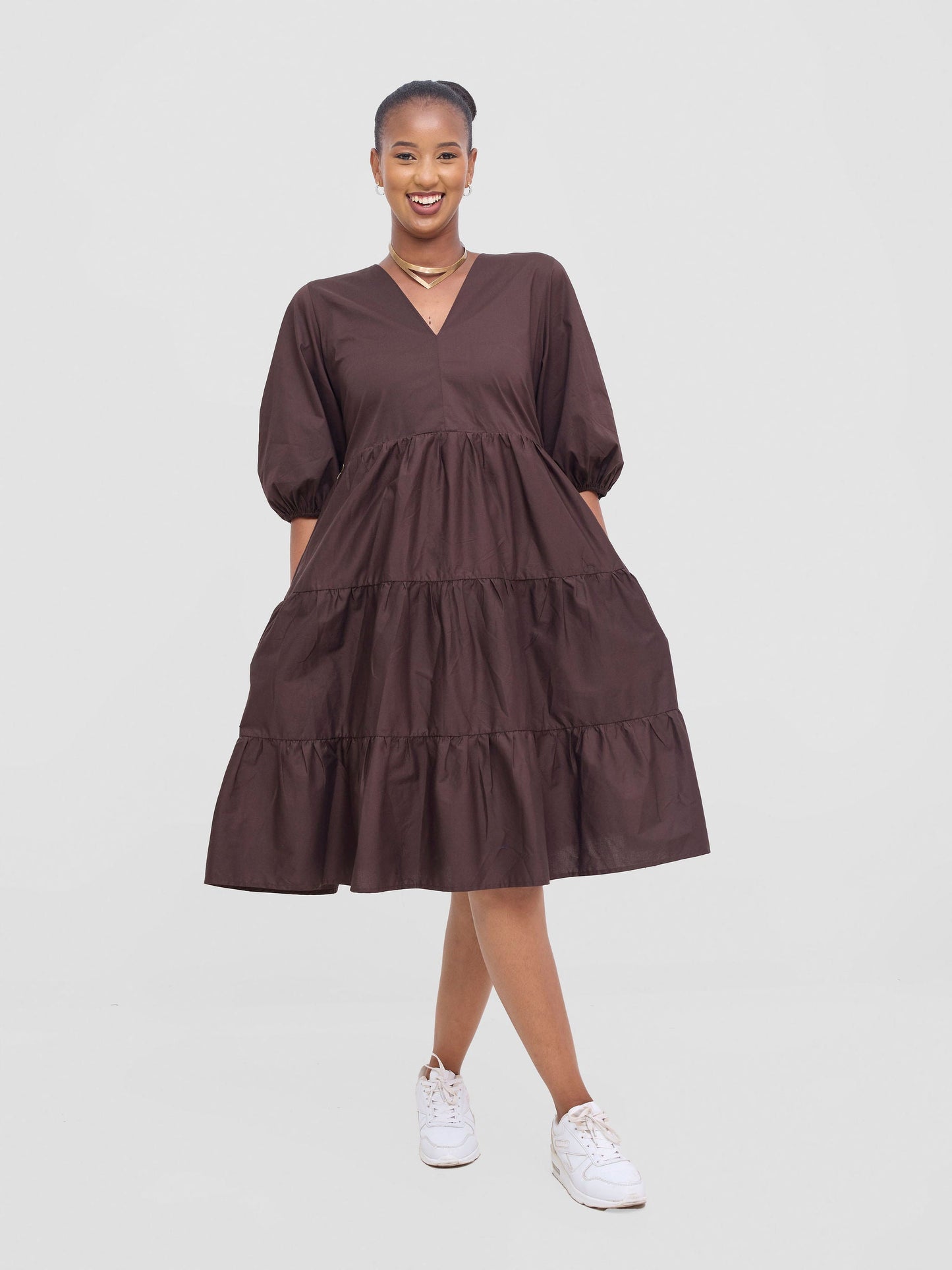 Safari Tawi Bishop Sleeve Tiered Dress - Chocolate