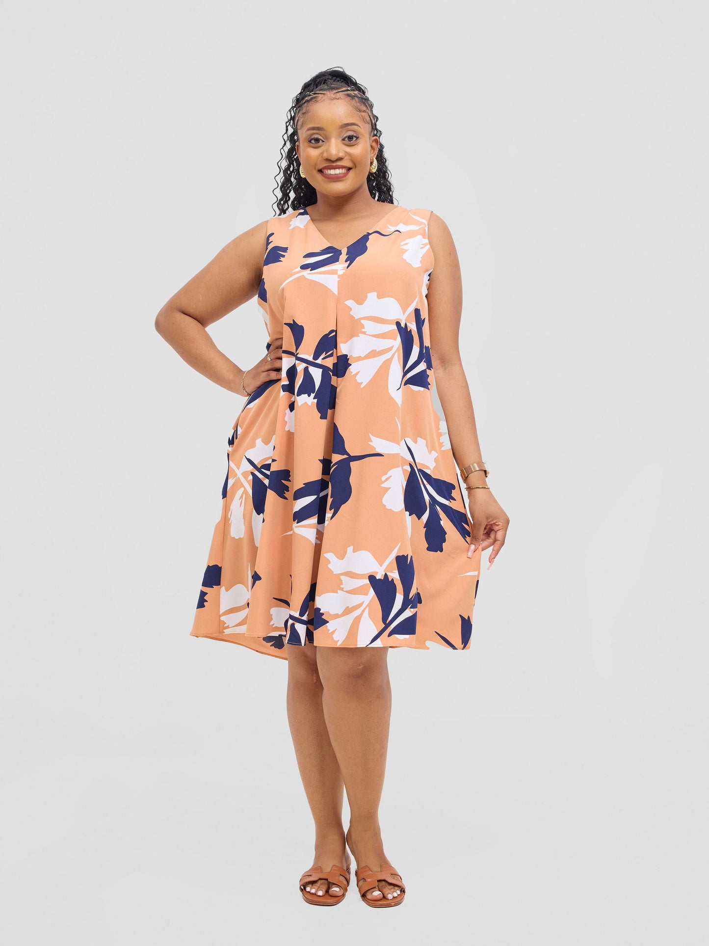 Vivo Ava Front Pleat Knee Length Dress - Peach / White Print
