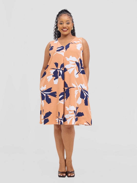 Vivo Ava Front Pleat Knee Length Dress - Peach / White Print