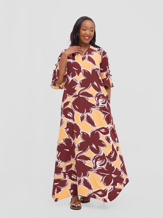 Vivo Dali 3/4 Cut Out Sleeve Maxi Dress - Burgundy / Peach Print