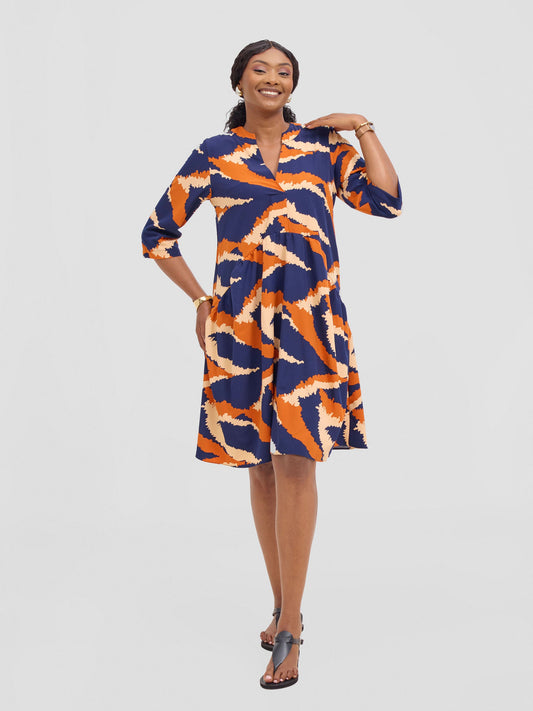 Vivo Reba Gathered Dress - Navy / Rust Eba Print