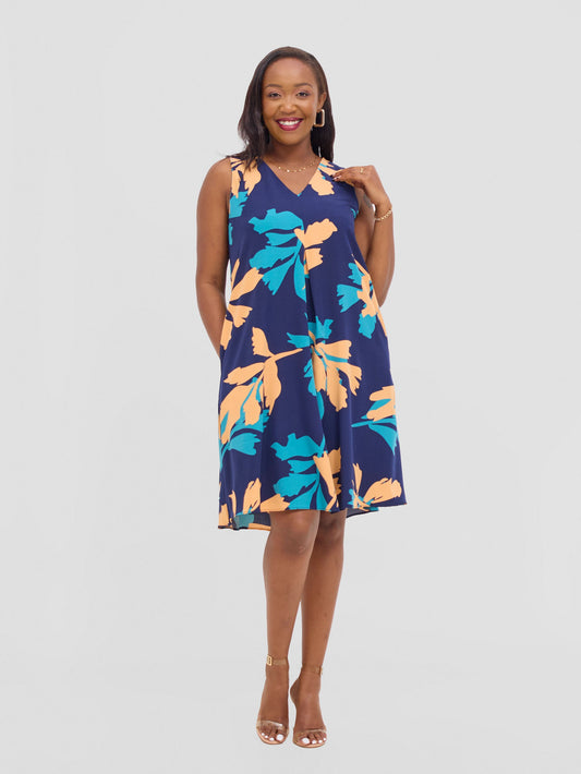 Vivo Ava Front Pleat Knee Length Dress - Peach / Teal Print