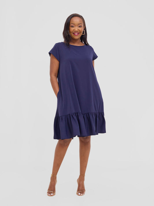 Vivo Dalia Cap Sleeve Gathered Tent Dress - Navy Blue