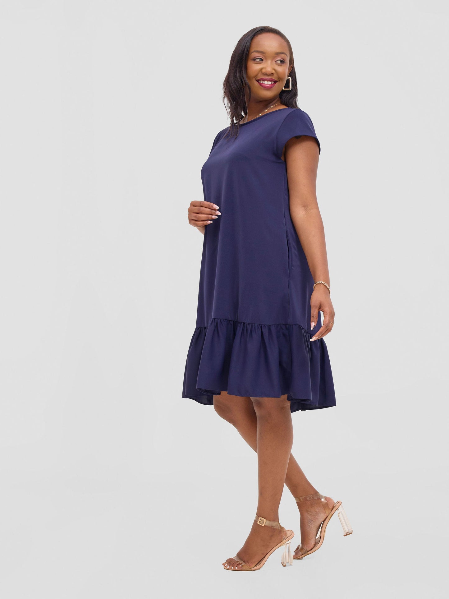 Vivo Dalia Cap Sleeve Gathered Tent Dress - Navy Blue